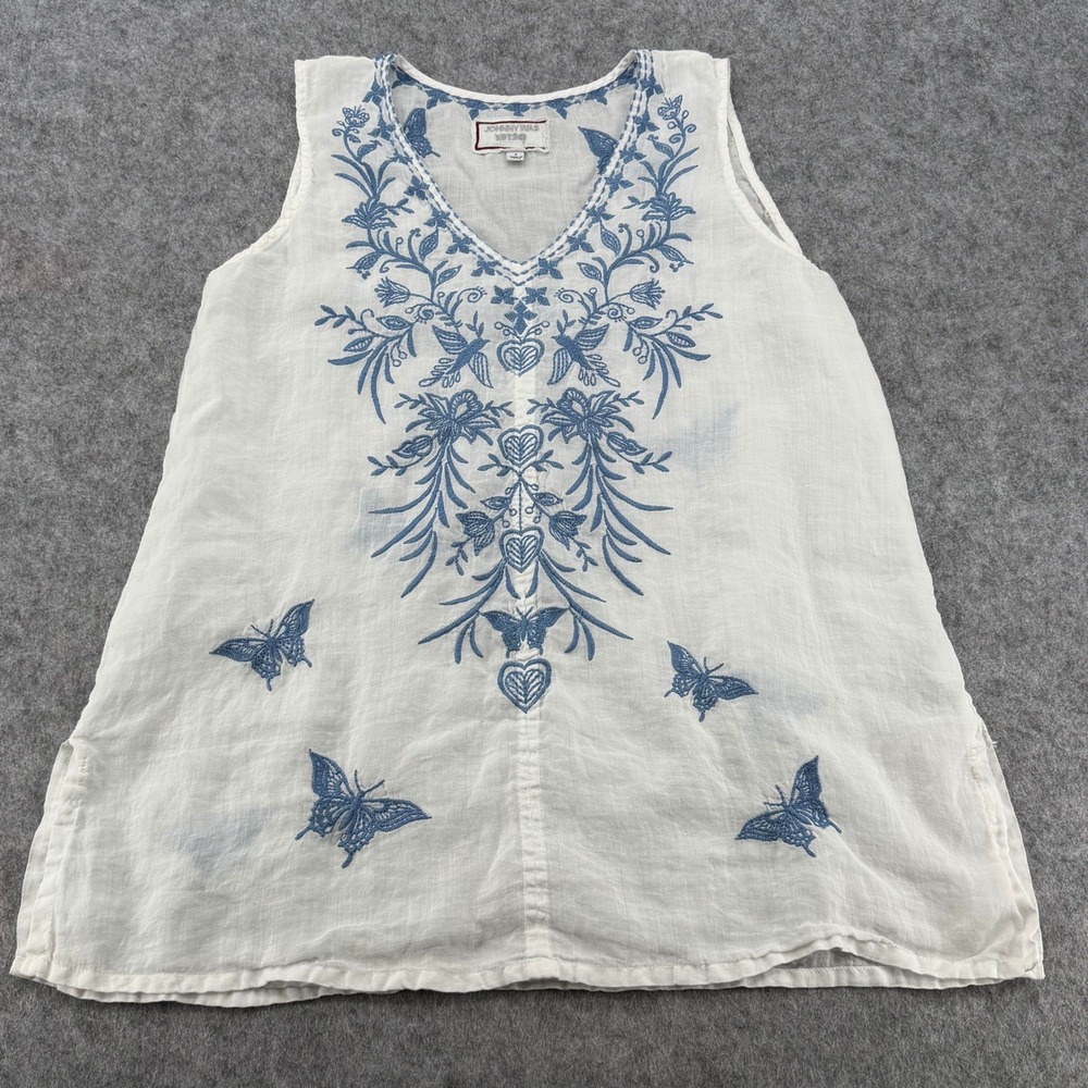 Johnny Was Workshop White Ramie Embroidered Butterfly V-Neck Top W19621-3 Small